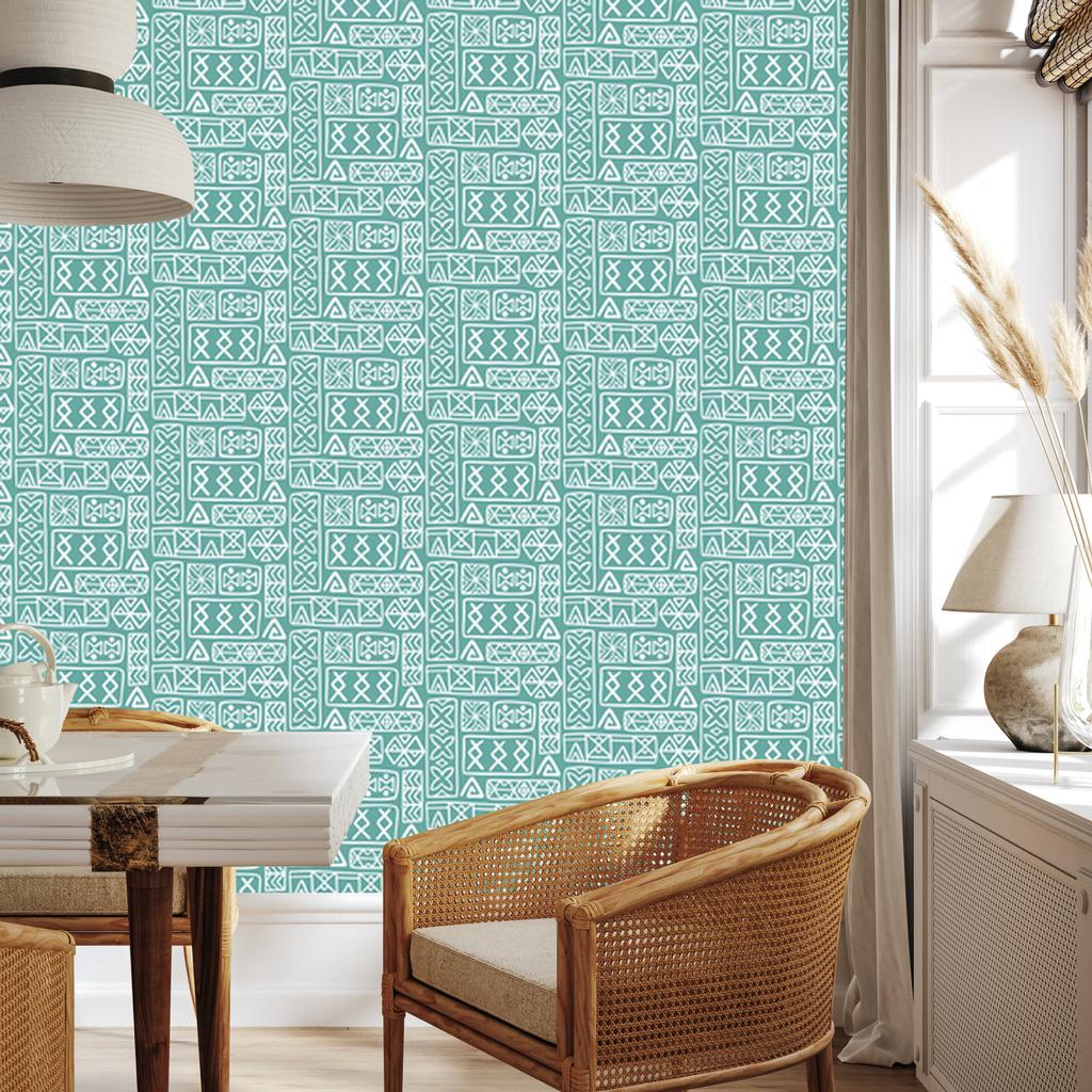 Polynesian Geometric Pattern Wallpaper in Sea and Turquoise 50x1000