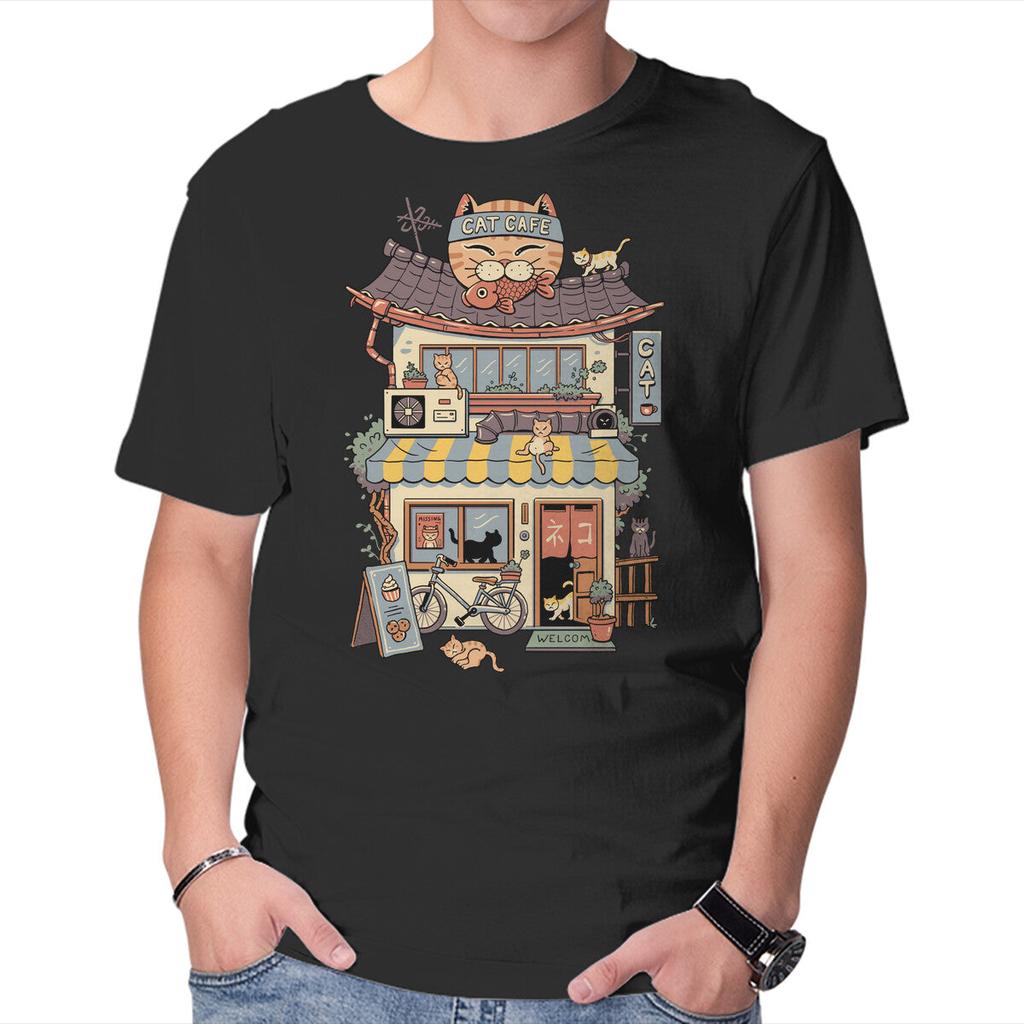 Unisex Crew Neck T-Shirt Cat Cafe Graphic Short Sleeve Casual Tee
