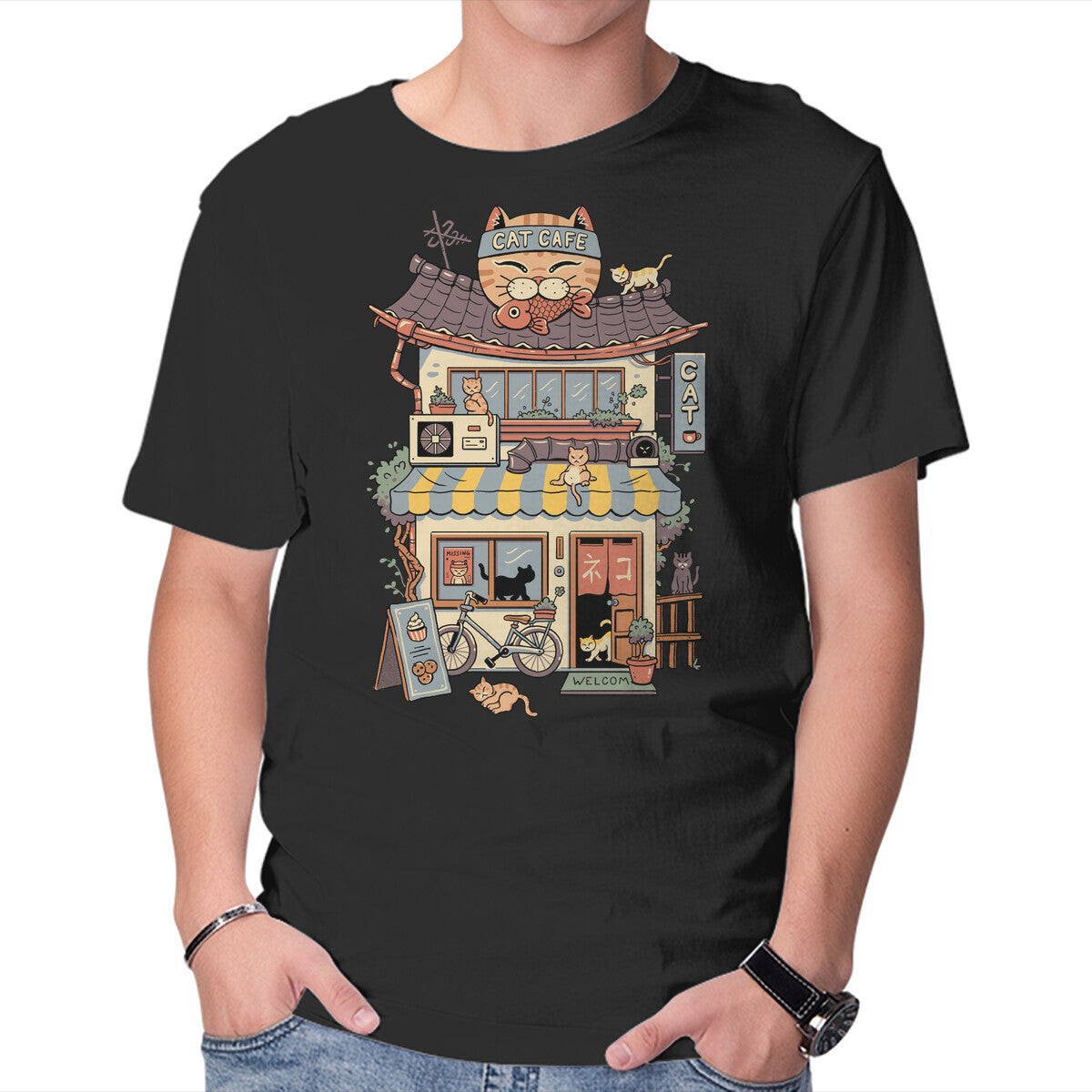 Unisex Crew Neck T-Shirt Cat Cafe Graphic Short Sleeve Casual Tee XXXL