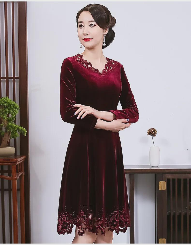 Plus Size European & American Celebrity Velvet Dress with Embroidery and Hollow Design
