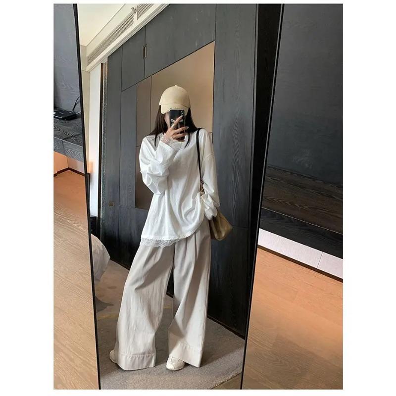 Simplicity Lace Patchwork Loose T Shirts Spring Autumn New Long Sleeve High Street Solid Tops Harajuku Fashion Women Clothing