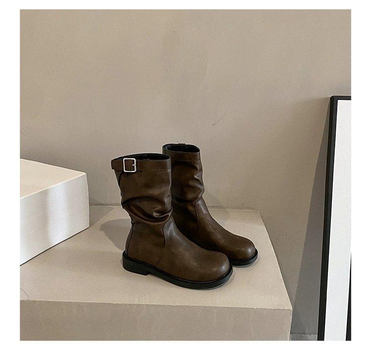 

[youshilai] Autumn and winter Martin boots thick heel retro pleated round head medium boots brown British short boots 40