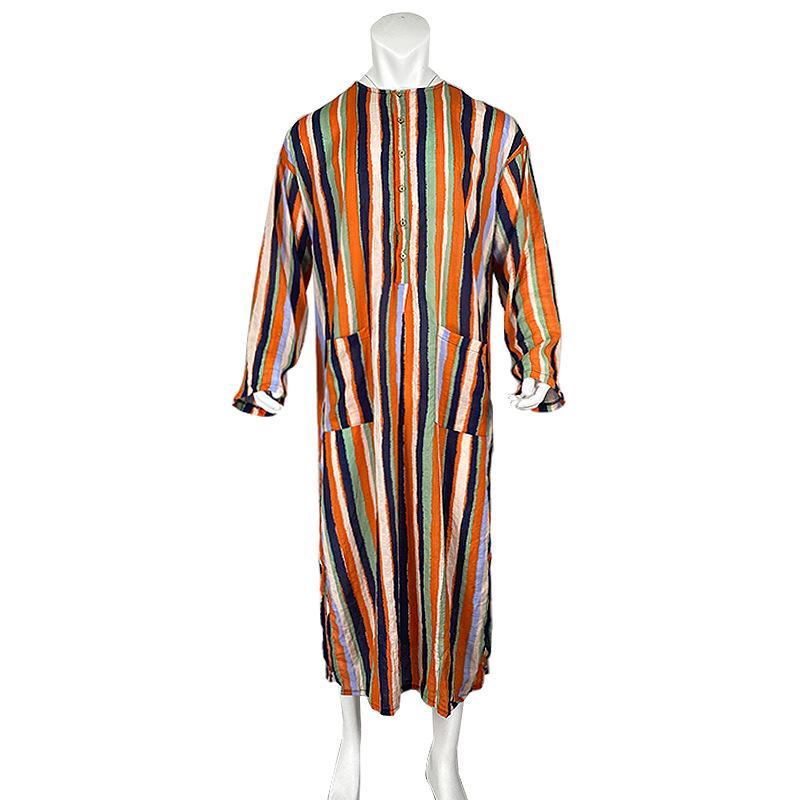 Men Traditional Robe Style Loose Striped Long Sleeve Muslim Abaya Thobe Retro Chinese Taoist Gown, Oversized Soft Casual Ethnic Daily Streetwear Men