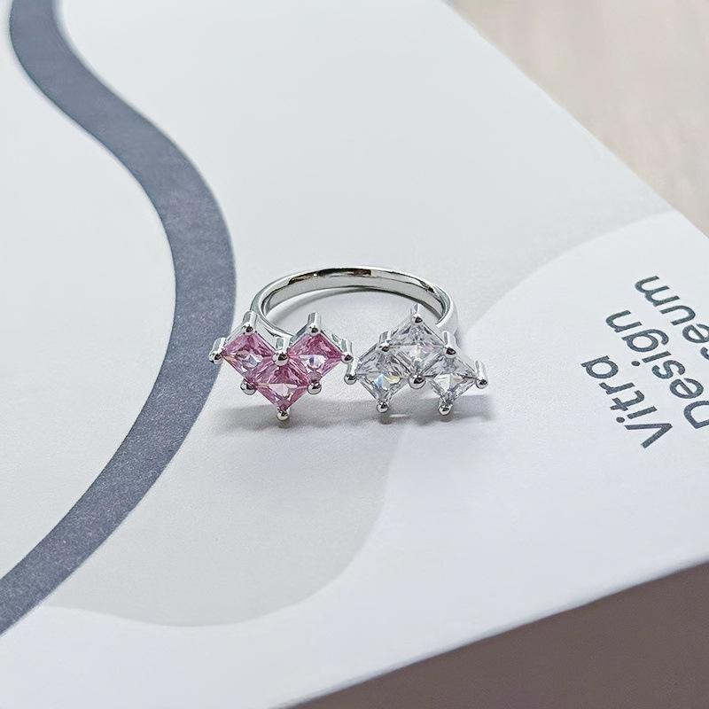 Pink Rhombus Zir*****Pen Ring, Women'S Personality Light Luxury Niche High Sense Exquisite Design Index Finger Ring
