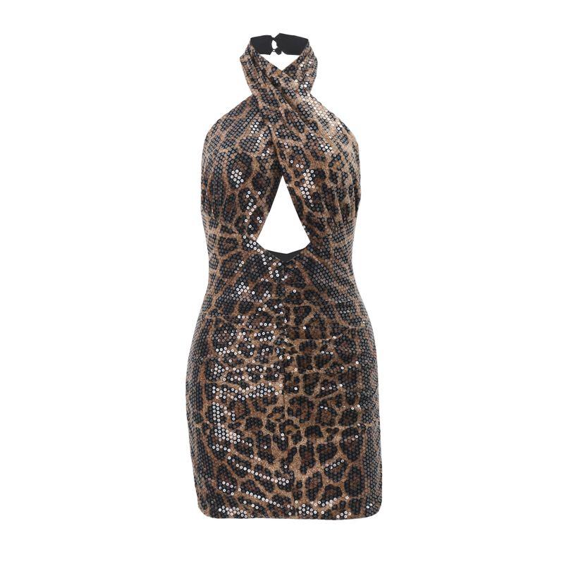 

European and American Ins Gyaru Style Leopard Print Sequins Cross Hanging Neck Dress Women Autumn Sexy Backless Slim fit Sheath Short dress Flower color S