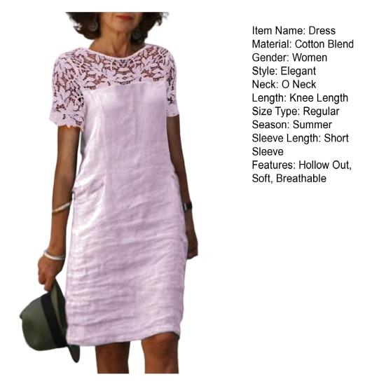 Damen Sommerkleid Aushöhlen Spitze Nähte Kurzarm Einfarbig Locker Täglich