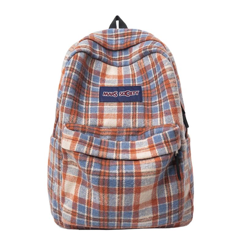 

Вінтажний картатий шкільний рюкзак для середньої школи, жіночий рюкзак для поїздок на роботу помаранчевий/синій
