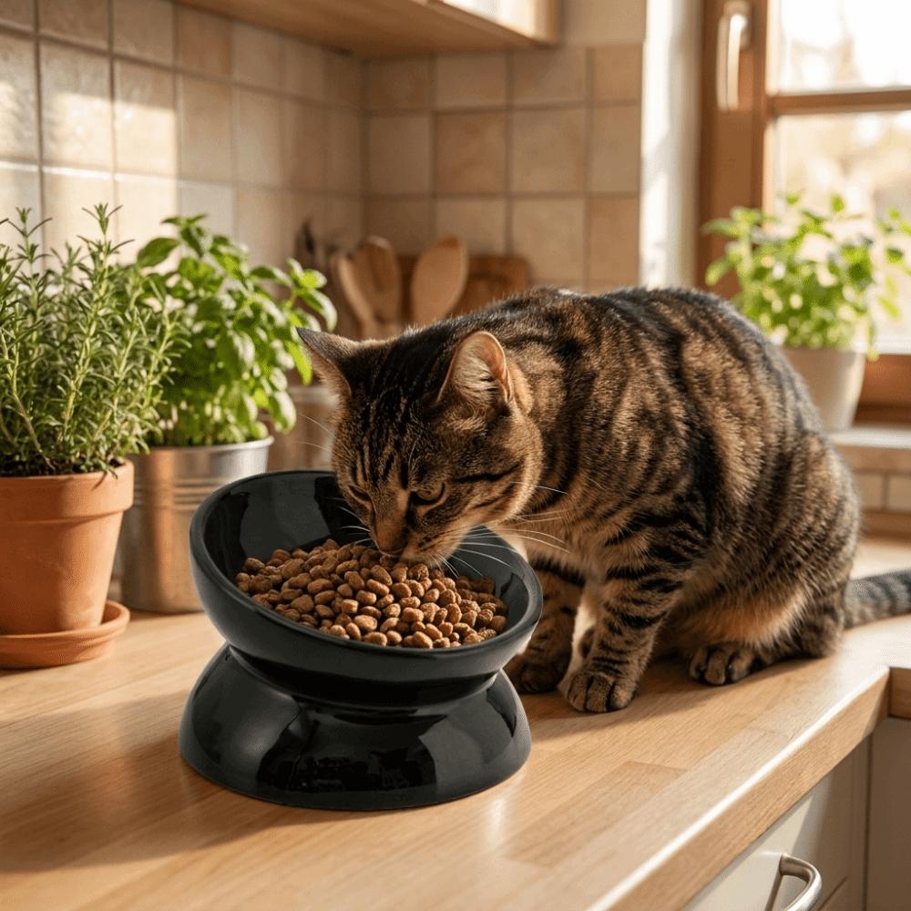 Keramik erhöhte Katzennapf mit flachem Boden, kippsicher, Futternapf für Haustiere, zum Füttern von Wasser