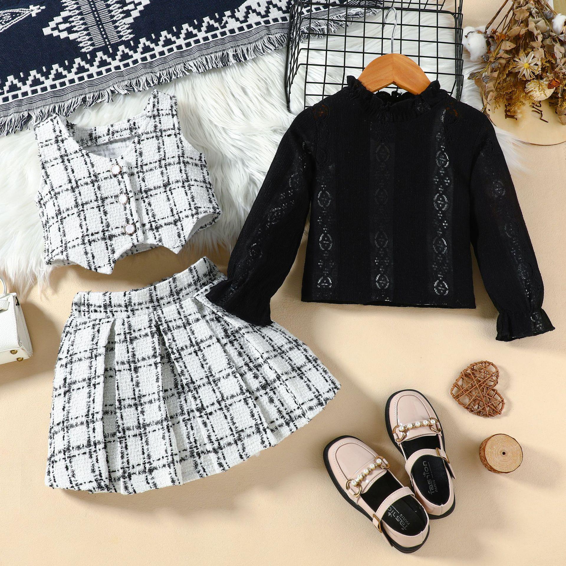 Girls Fashion Set: Spring/Fall Children s Solid-Color Lace Top + Vest + Pleated Skirt 3-Piece Set 100cm