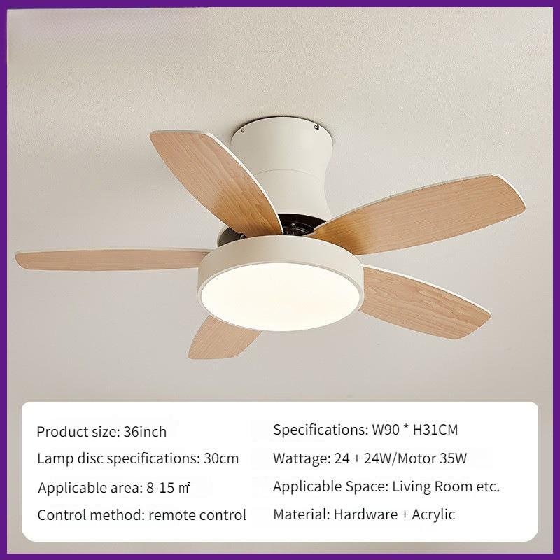 36/42/48 Full Spectrum Solid Wood Ceiling Fan Lamps Bedroom Mute LED Ceiling Fan Inch Electric Ceiling Fan Light White 36 Inch-A