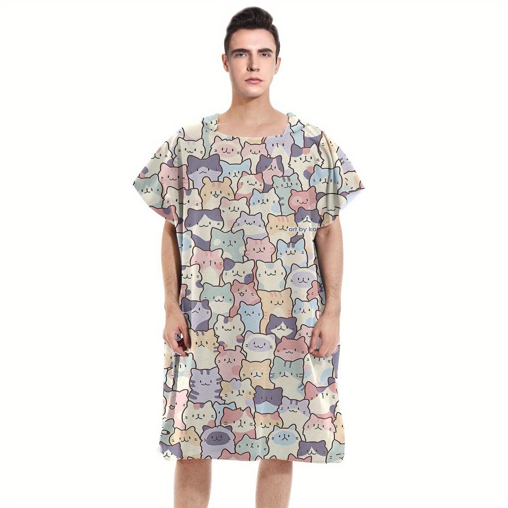 Kawaii Kitten Print Hooded Beach Towel Quick Dry Microfiber Bath Robe Poncho Flat Print for Swimming Pool Outdoor Party Gift