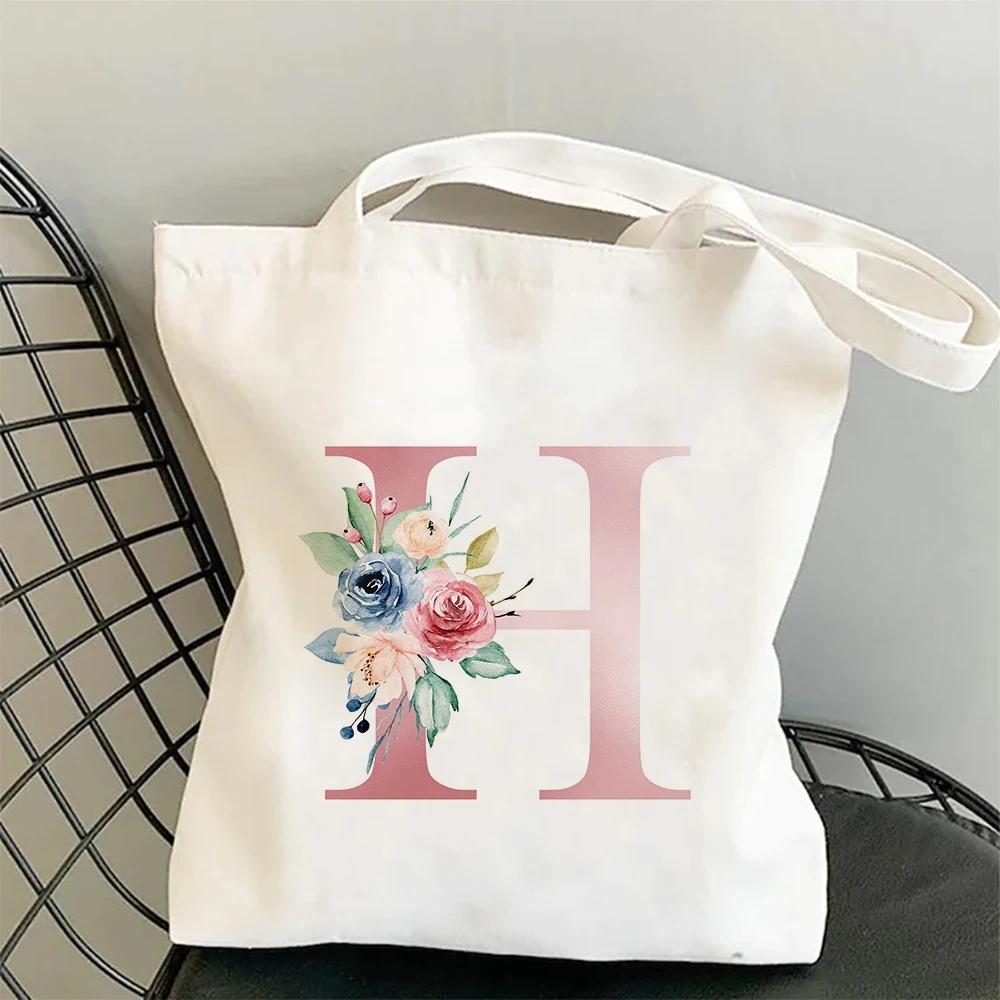 Blumen Alphabet A-Z Damen Einkaufs-Tragetaschen Canvas Große Kapazität Studenten Toilettenartikel Organizer Lässige Tragetasche Buchstaben-Taschen Geschenk