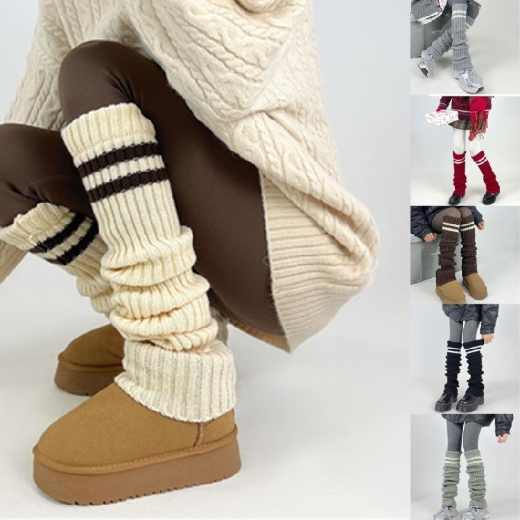 Harajuku Women Double Striped Leg Warmer Ribbed Knitted Over Knee Stacked Socks