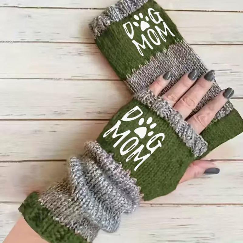 Gants en tricot sans doigts avec broderie de chat et patchwork, Gants décontractés ouverts aux doigts tendance pour femme, Mitaines chaudes d'hiver sans doigts