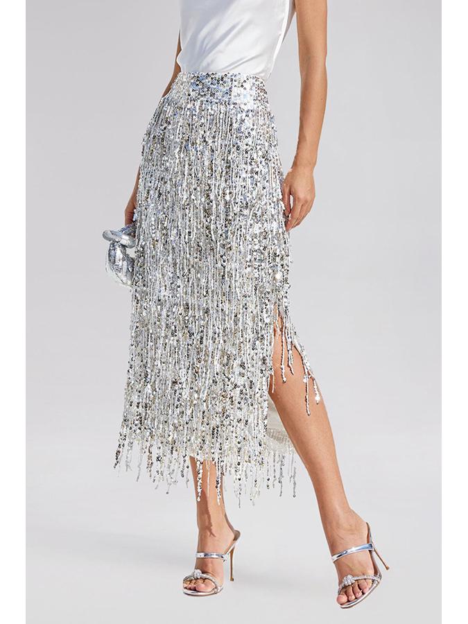 Women's Solid Color Sequin Tassel Long Pencil Skirt with Slit - European & American Fashion