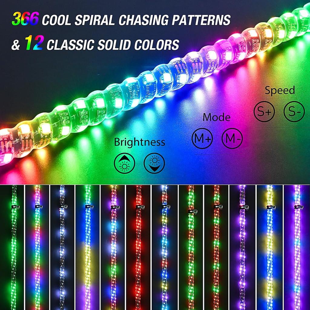 Nilight 2PCS 2FT RGB LED Whip Lights Spiral Chasing Dancing Lighted Antenna RF Remote Control for Can-Am ATV UTV RZR Polaris Dune Buggy Truck Bulbs 7
