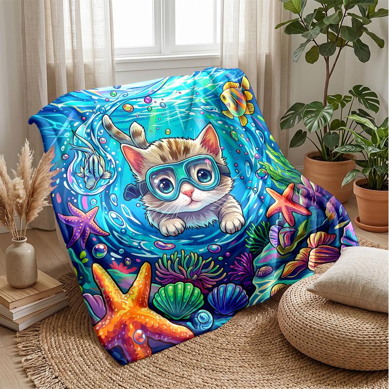 Surfing Cat Paradise Theme blanket Lightweight Warm Flannel Blanket Decorative Throw Blanket for Home Decoration