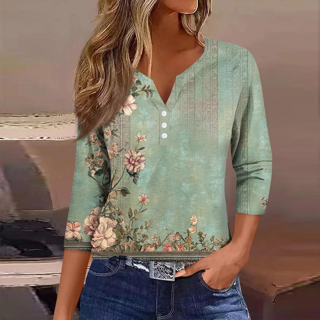 Women's Loose Casual Flower Print Seven Quarter Sleeved V-Neck Top Seven Quarter Sleeved V-Neck Top