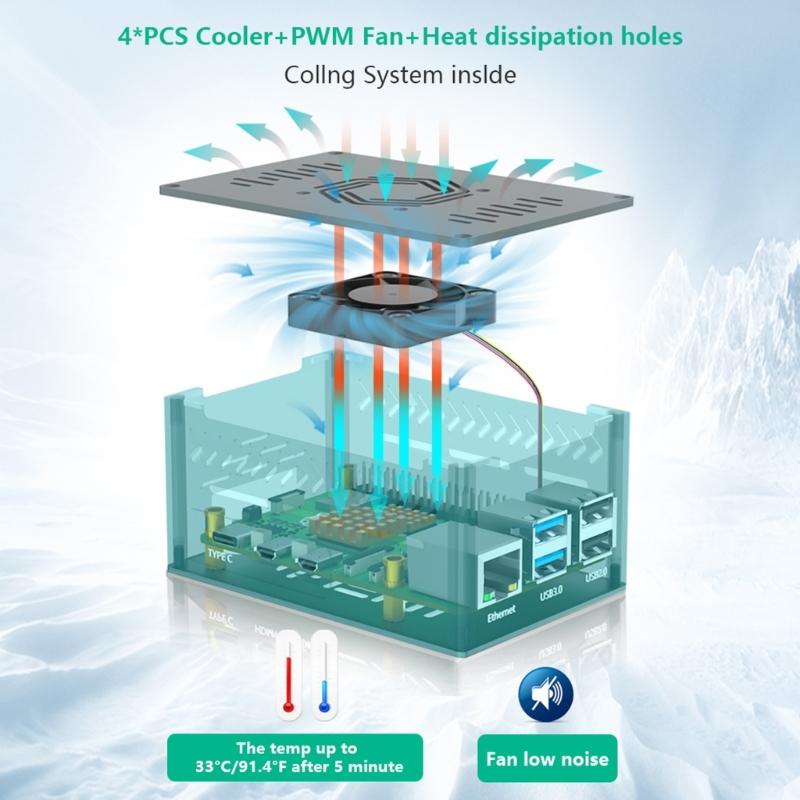 Aluminum Enclosure Box For RPI 5 Board Case With Quiet Efficient Fan and Heatsinks Enhances Performances