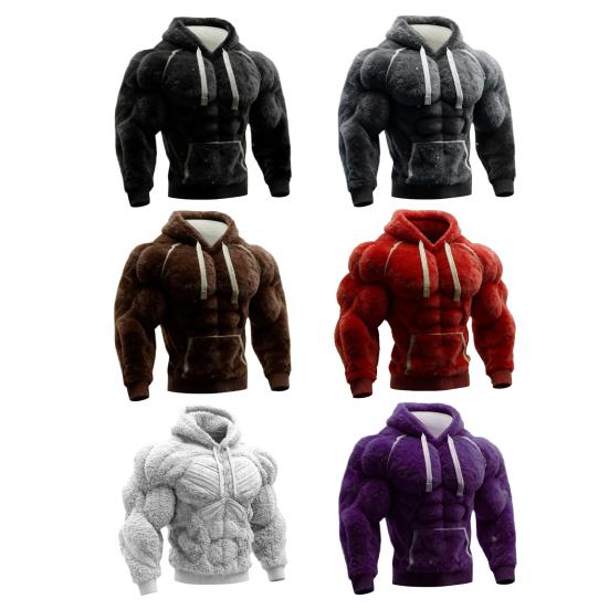 Yousheng Men Muscle Hoodie 3D Pattern Fuzzy Pullover Muscular Long Sleeve Warm Hooded Sweatshirt for Casual Sports Streetwear Fashion