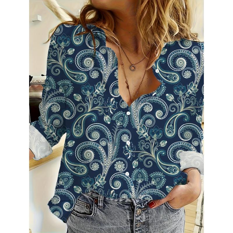 Women'S Fashion Printed Long Sleeve Collared Shirt