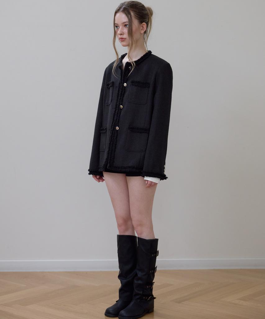 ROSEFRANTZ Fringe Pocket Tweed Jacket [Black]