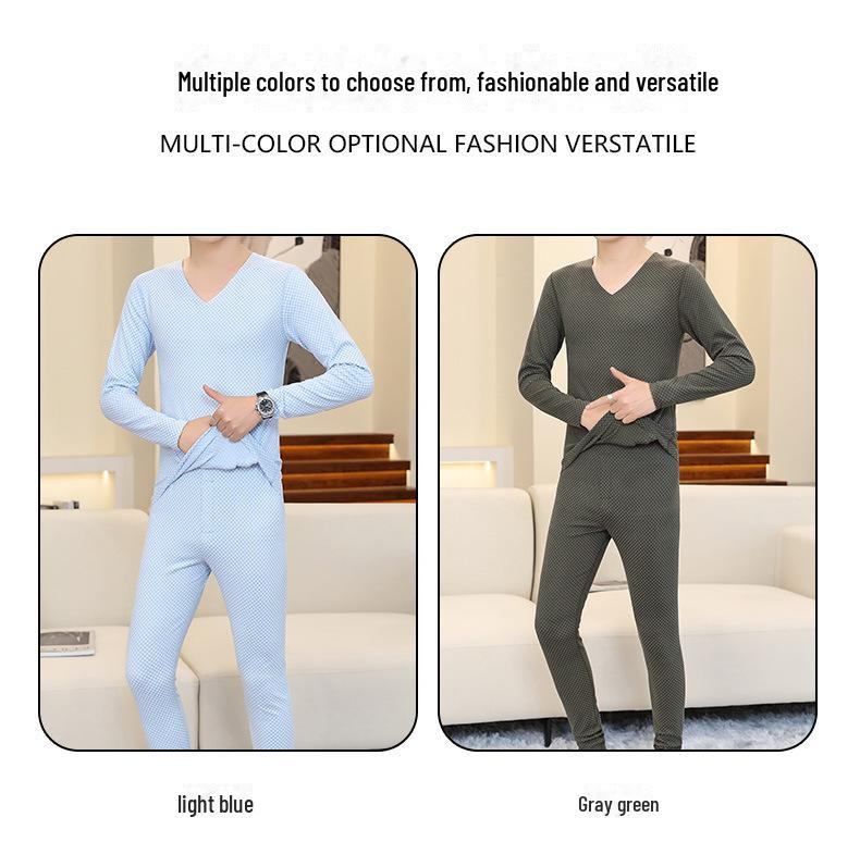 Men's Seamless Thermal Underwear Set - Thin Plaid V-Neck for Autumn/Winter
