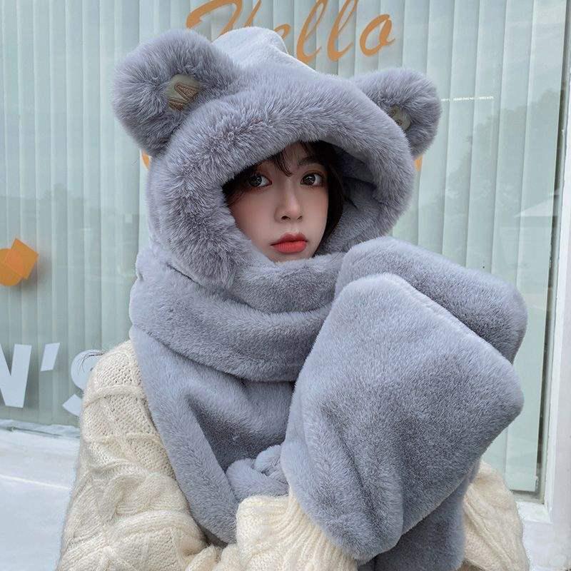 Women's Cute Bear Hooded Scarf Set: Plush Hat, Neck Warmer, and Gloves for Winter