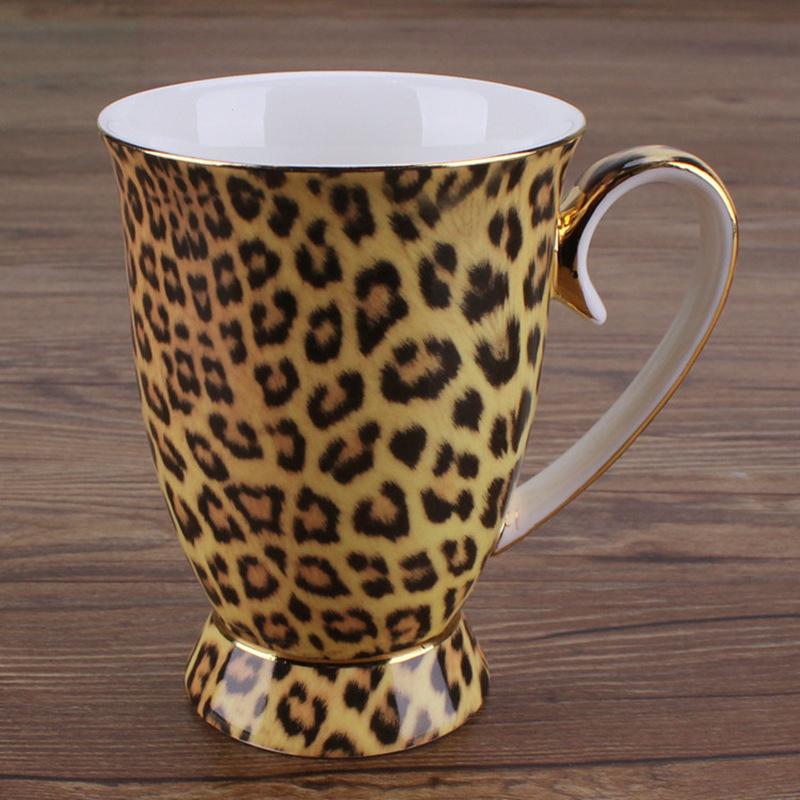 

Leopard Print Gold Trim Bone China Mug Large Ceramic Coffee Cup Creative Design 301-400ml