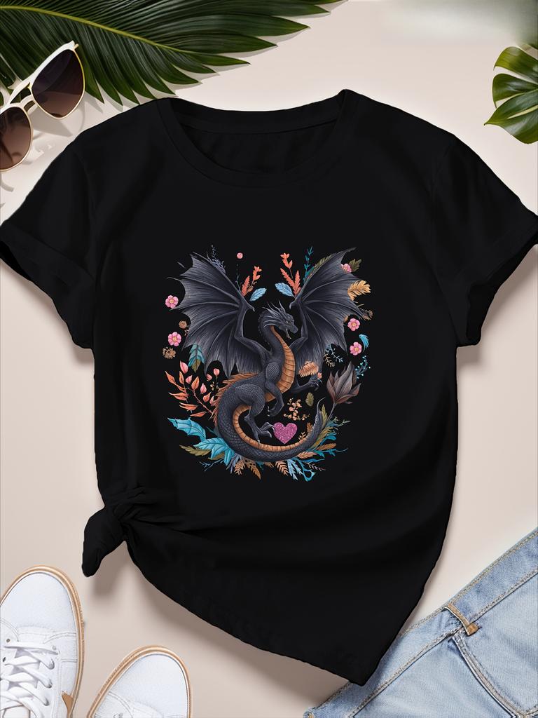 Dragon Floral Women's Plus Size Sports Short Sleeve T-Shirt