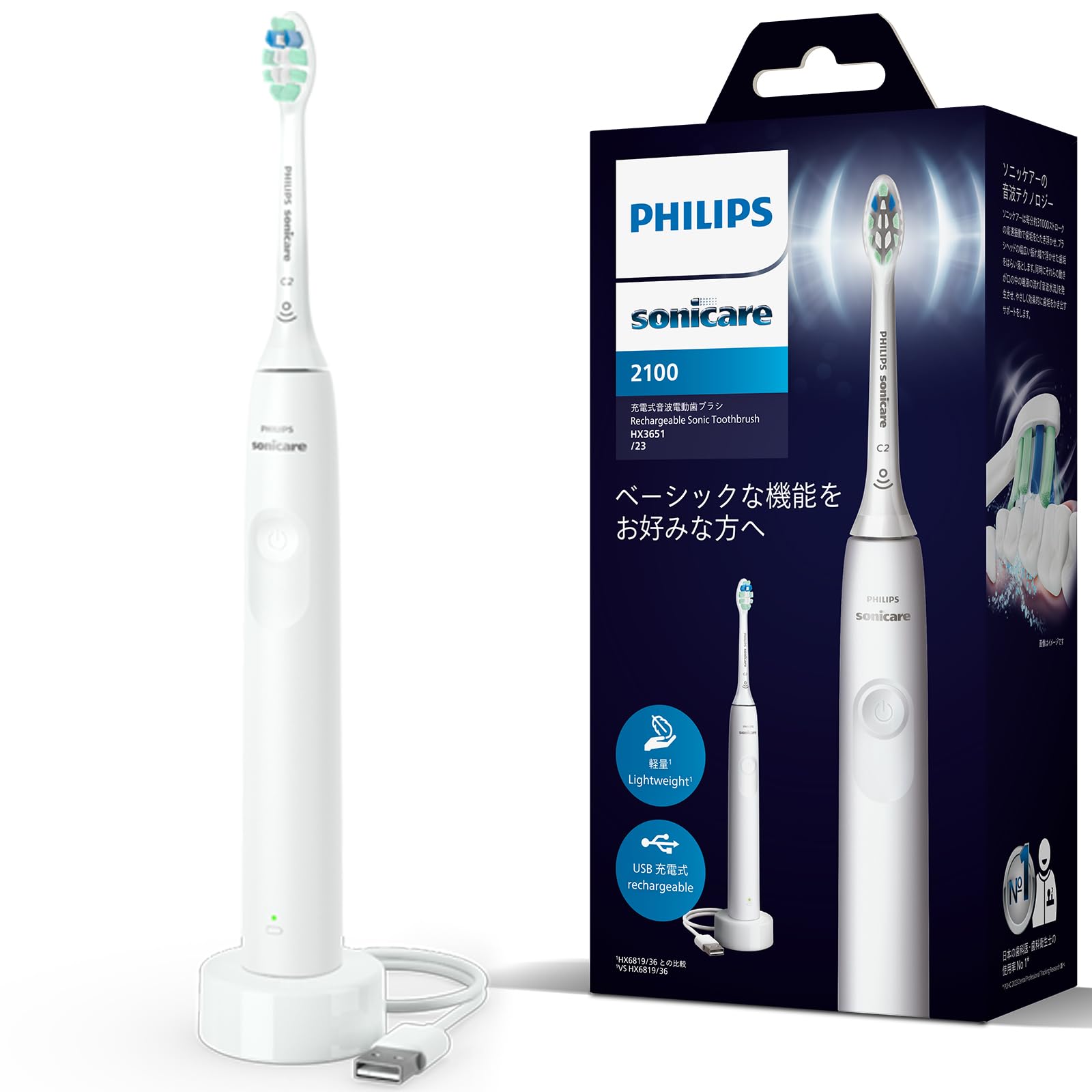 

Philips Електрична зубна щітка Sonicare 2100 Series White (Легкий/перезаряджається USB) HX3651/23 [модель 2024]