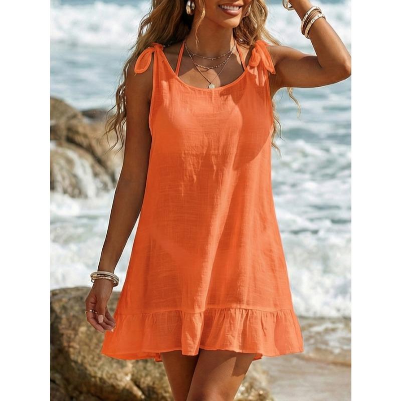 Fashion See Through Beach Cover Up Short Dress V Neck Backless Sexy Elegant Sheer Sleeveless Seaside Dresses Solid Color Lace-up Clothing