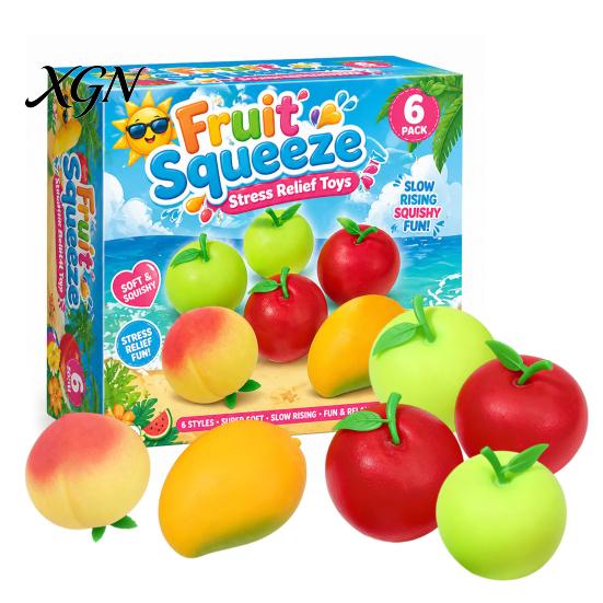 Hand Therapy Ball 6Pcs Fruit Squeeze Toys for Stress Relief Soft TPR Satisfying Fidget Palm Kneading Toy Sensory Cute Colorful Kids Teens Adults