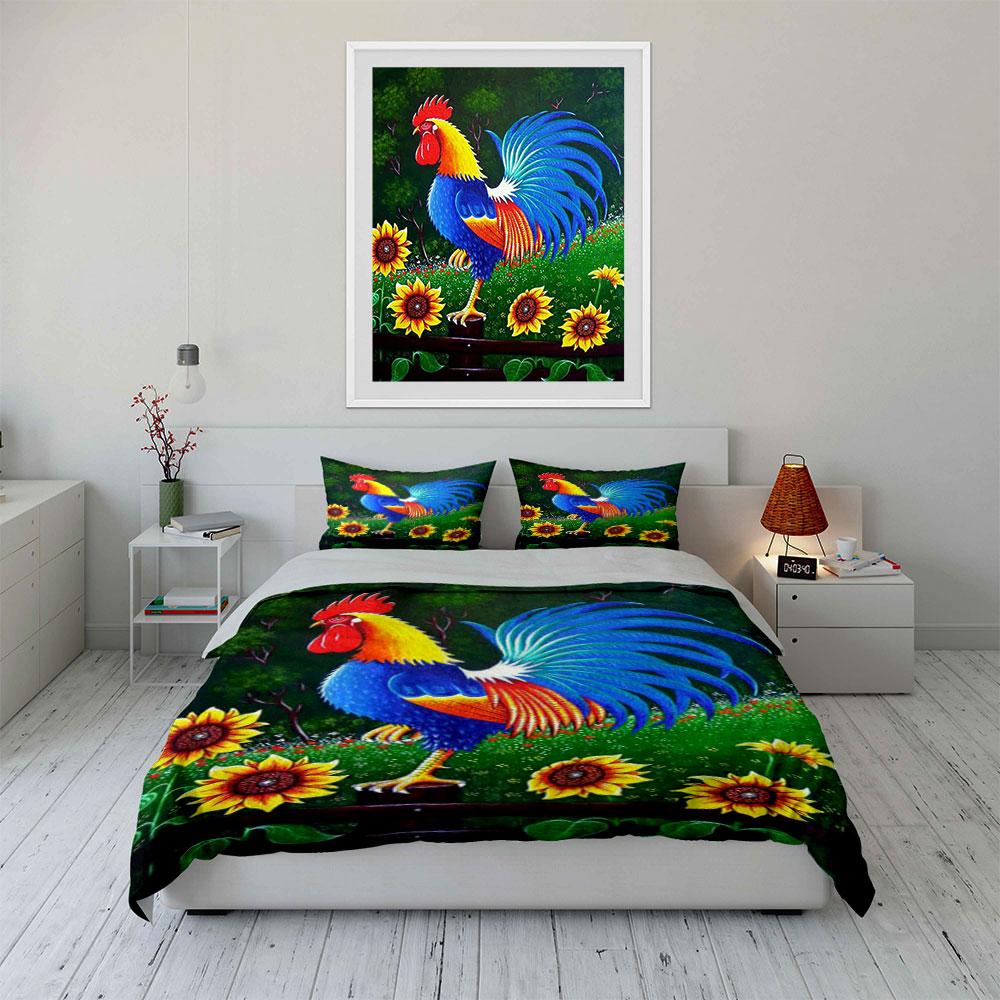 Colorful Rooster Floral Wall Art Multiple Sizes Kid'S And Adults' Bedroom Exquisite 3Pc Bedding Set, Gift