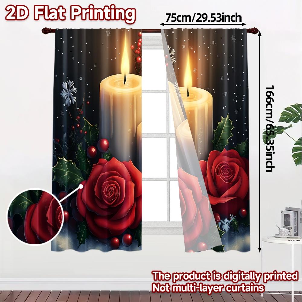 2pcs,Curtains Christmas Candles Holly Rose (3) Popular Fashionable Curtains Versatile Durable Polyester Curtains Outdoor