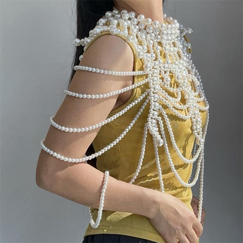 Sexy Damen Perlen Körperkette BH Verstellbare Größe Schal Halsketten Kragen Schulter Mode Oberteile Kettenhalsketten Körperschmuck