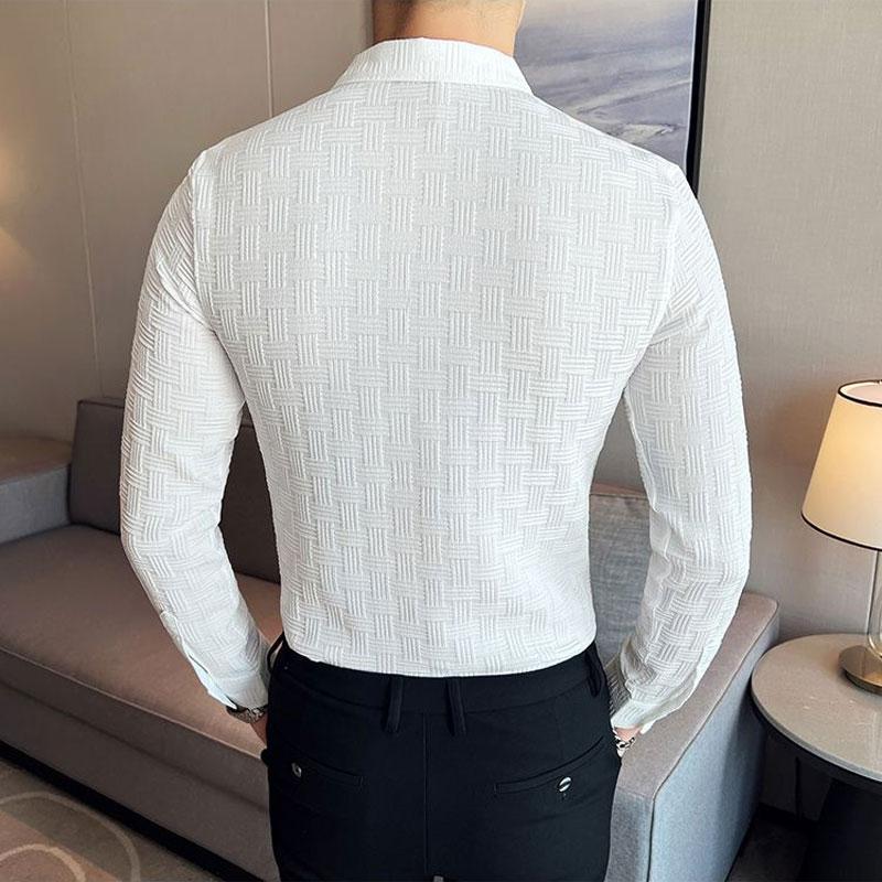 Korean Plaid Solid Color Shirts Spring Autumn Turn-down Collar Men's Clothing Single-breasted Stylish Jacquard Weave Slim Shirts