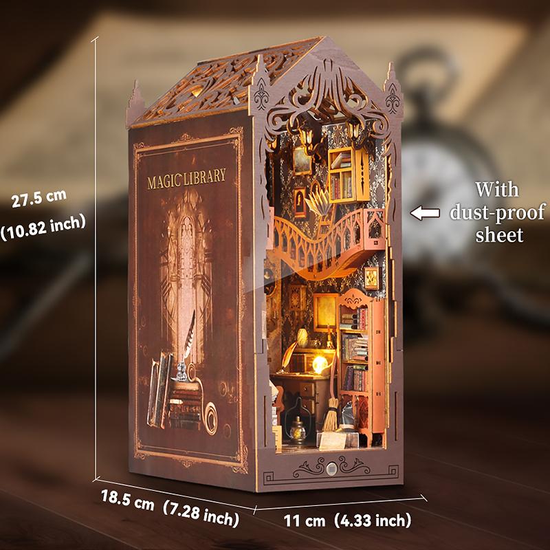 Drewniany Mini Domek dla Lalek DIY Zestaw Book Nook Model do Złożenia Puzzle 3D Podpórka do Książek Zabawki Dekoracja Wkładka na Półkę na Książki ze Światłem LED Prezenty Świąteczne
