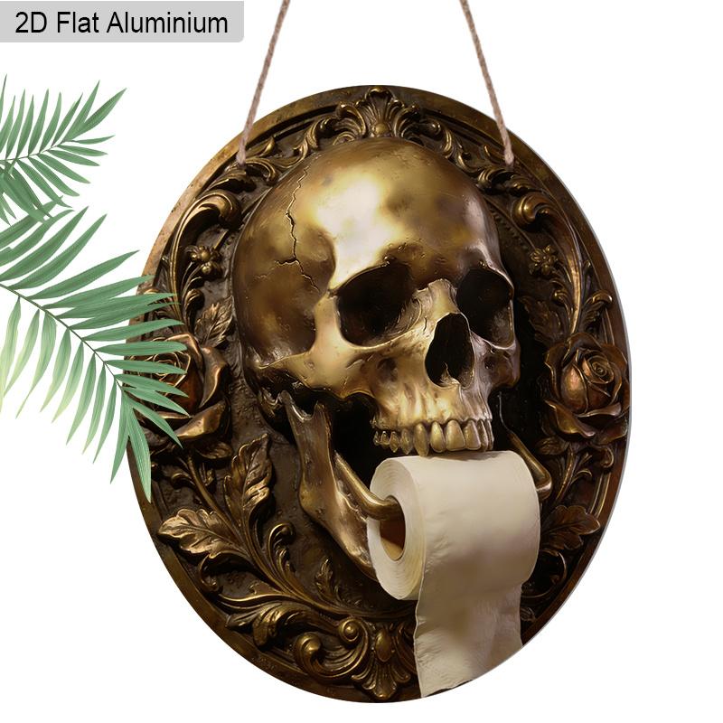 2D Flat Aluminum Gothic Black Skull Bathroom Sign Metal Wall Decor, Guest Bathroom Hanging Sign Decor Farmhouse Wall Decoration Sign for Toilet