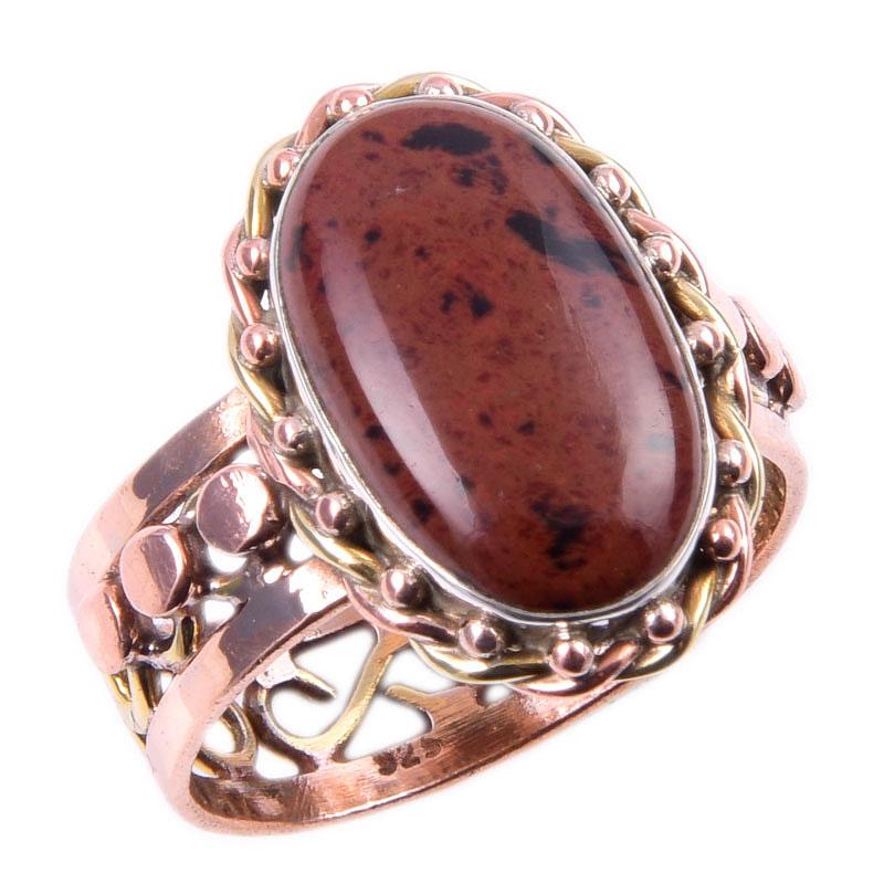 Natural Mahogany Obsidian Gemstone 925 Sterling Silver Two Tone Ring S.9.5 r1O56