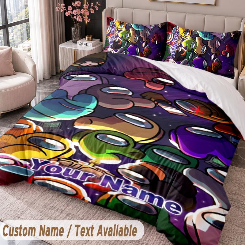 Custom Name Text 3Pcs Bedding Set Among Us Duvet Cover And Two Pillowcases
