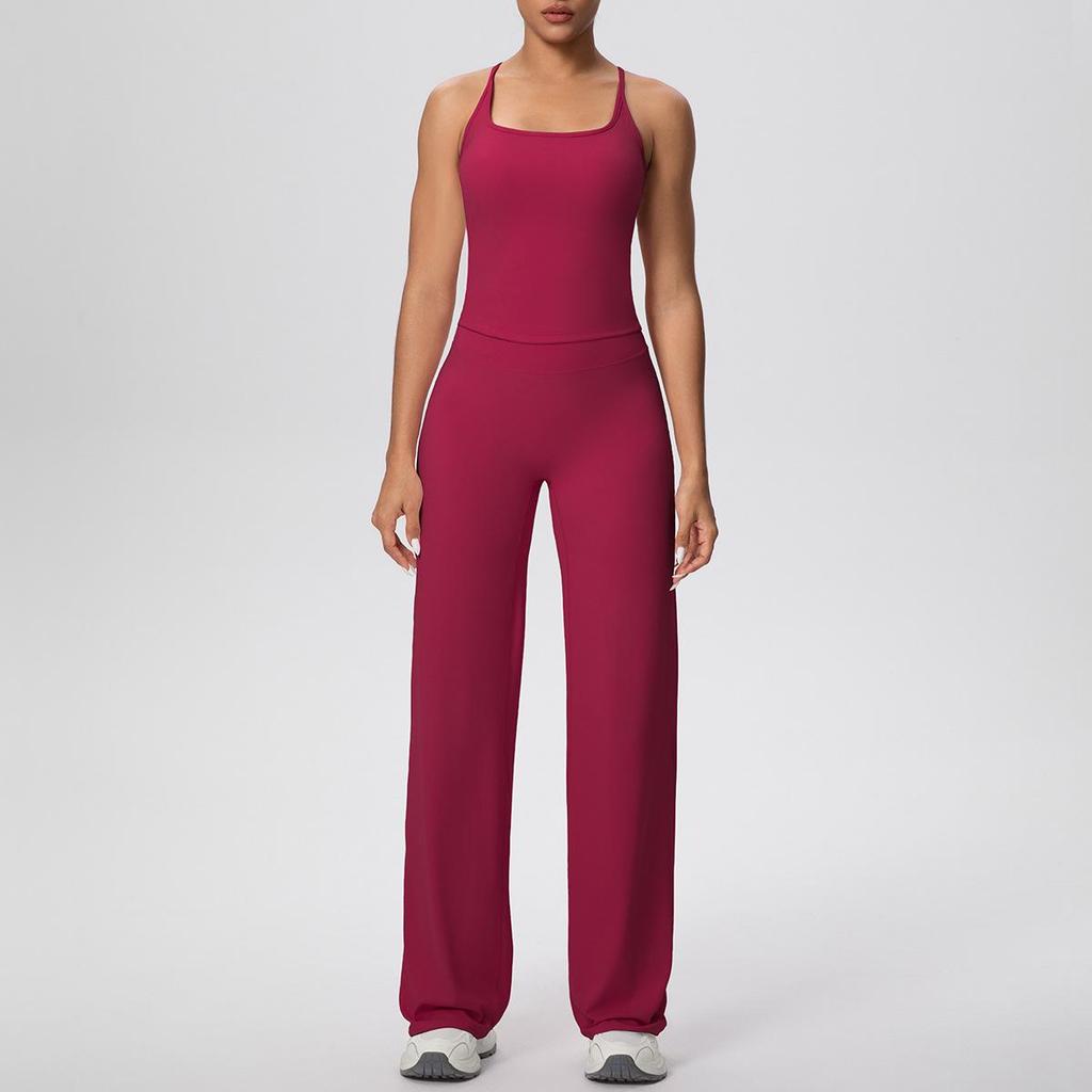 Solid Color Racerback Tank & High Waist Wide-Leg Yoga Pants Fitness Set