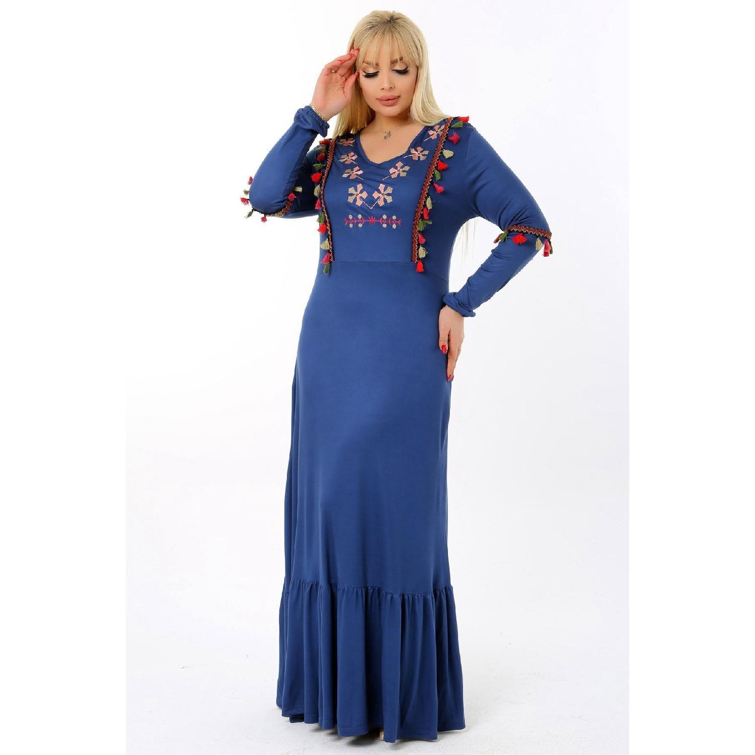 

V -neck Tassel Skirt With Frilly Long Sleeve Embroidery Full Size Dress 42-44 синій