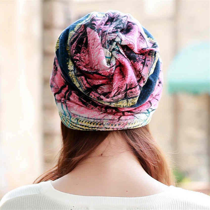 Women Hat Polyester Adult Casual Floral Hats Spring Autumn Two Used Female Cap Scarf 3 Colors
