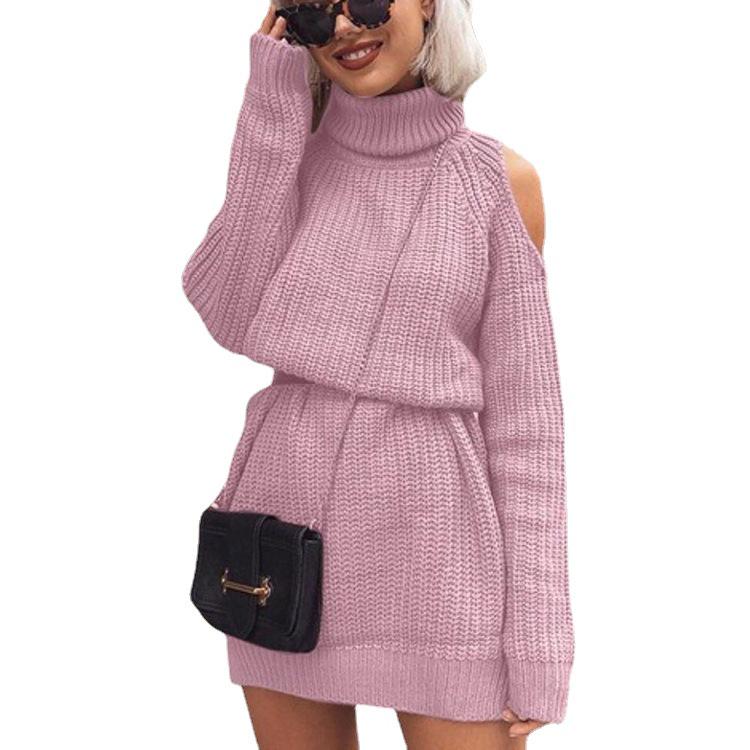 2025 European & American Fall/Winter Off-Shoulder High-Neck Knitted Sweater Dress.