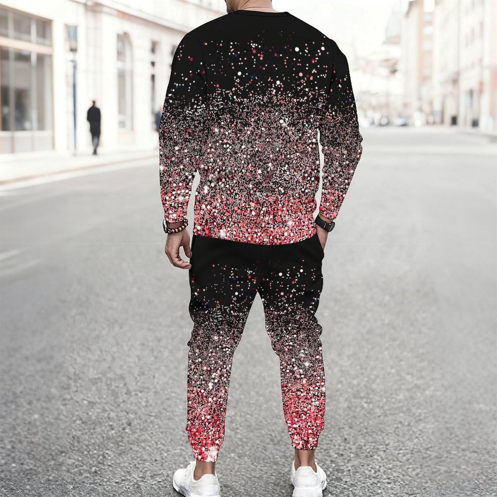 Men Black Cyan Half Split Brush Edge Print Long Sleeve Sweatshirt Jogger Pants Two Piece Suit
