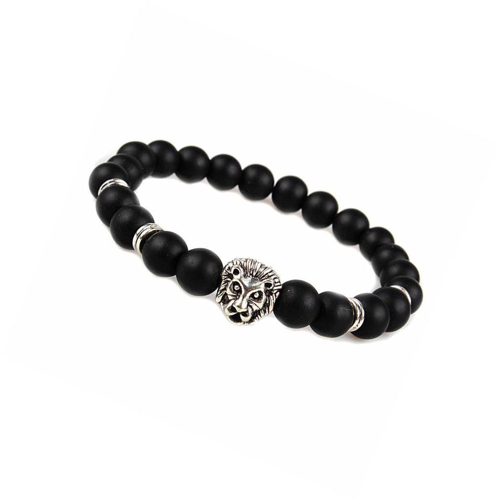 Natural Matte Frosted Volcanic Stone Bracelet with Lion Head Beads