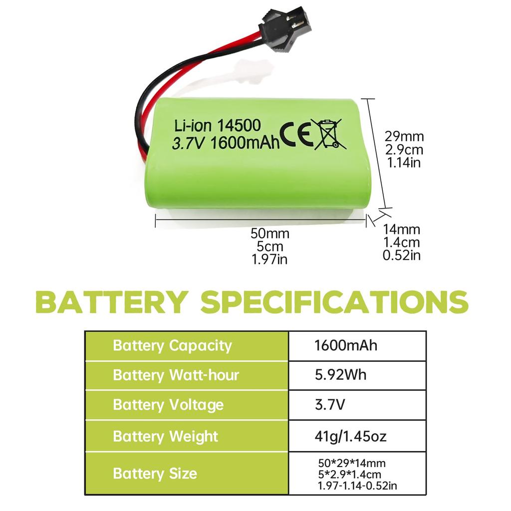 2PCS 3.7V 1600mAh Li-ion Battery with SM-2P Plug and USB Charging Cable for 9962 8837 Remote Control Toy Cars, RC Remote Control Vehicles,