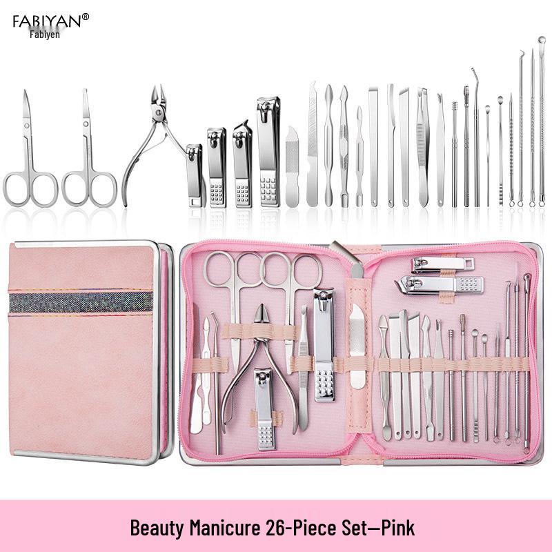 Stainless Steel Manicure Set with Nail Clippers, File, and Tools In Zipper Bag.