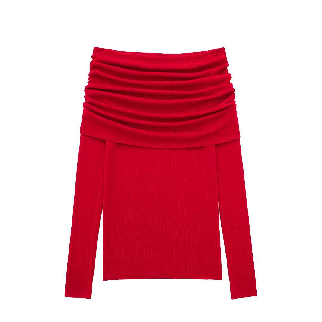 

Весна 2025 Женский элегантный облегающий трикотажный топ на одно плечо с многослойной плиссировкой Large красный
